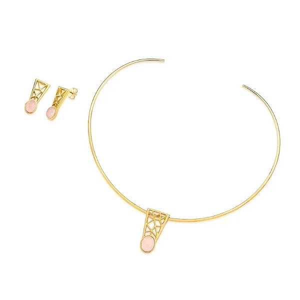 Colar aro e brinco pedra natural quartzo rosa ouro semijoia