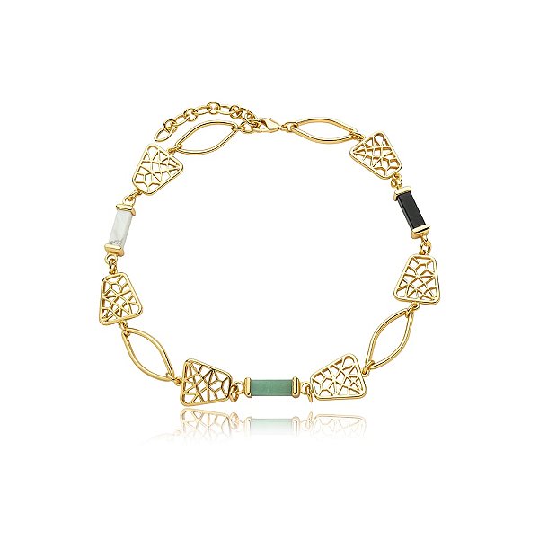 Colar choker pedras naturais howlita branca quartzo verde e ágata preta ouro semijoia