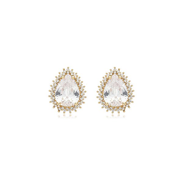 Brinco gota zircônia cristal ouro semijoia BA 4803
