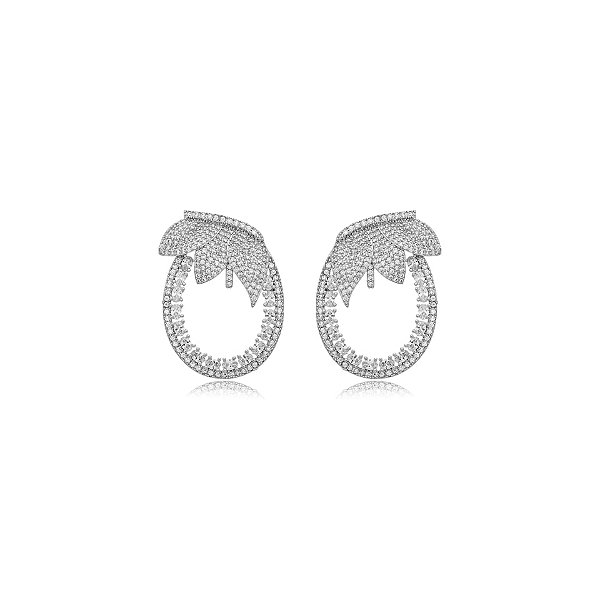 Brinco oval folhas zircônia ródio semijoia