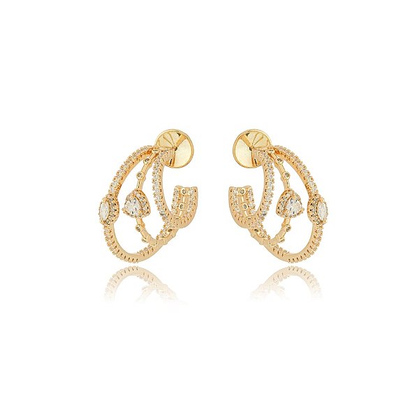 Brinco argola tripla zircônia ouro semijoia BA 4895