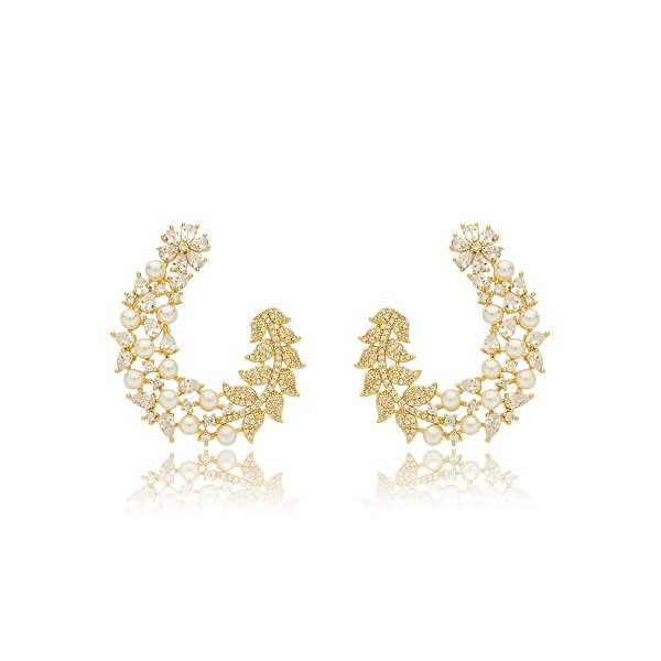 Brinco frontal gota pérola zircônia ouro semijoia