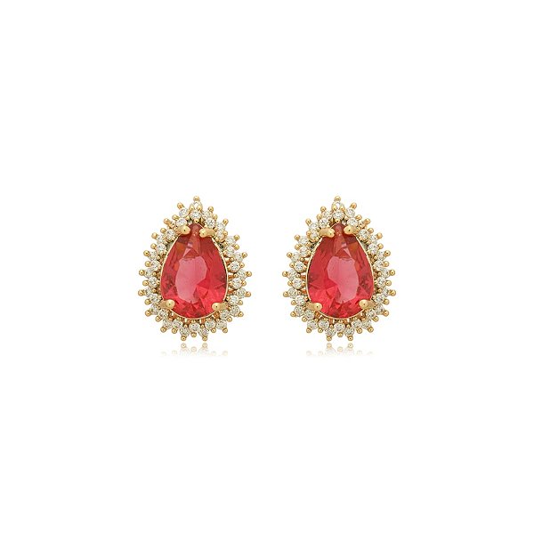 Brinco gota zircônia rosa ouro semijoia