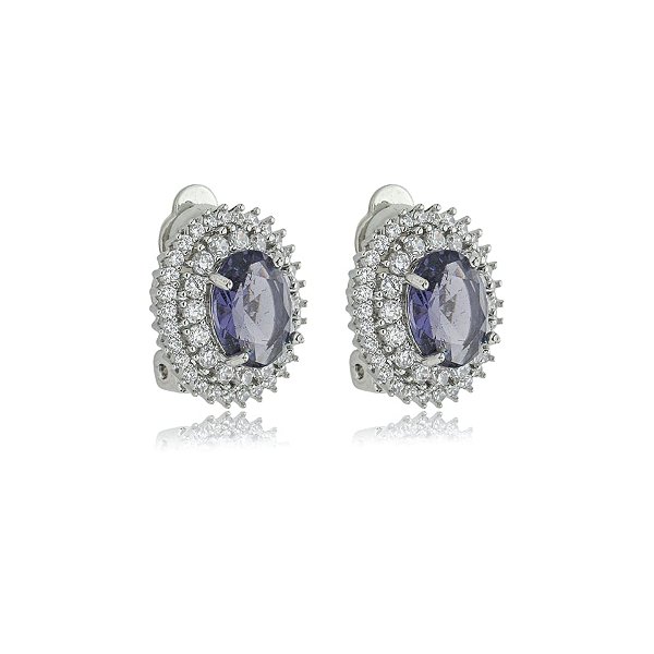 Brinco pressão oval zircônia cristal roxo ródio semijoia 18266