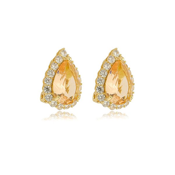 Brinco pressão gota zircônia cristal rosê ouro semijoia