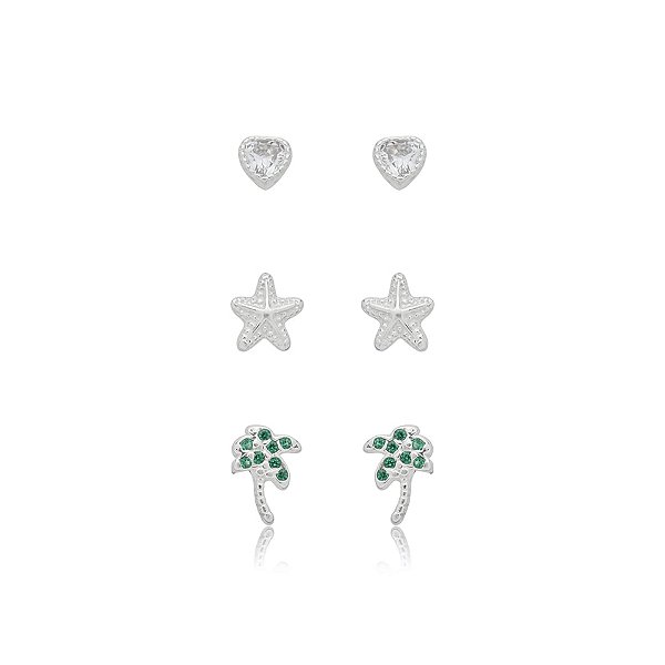 Kit 3 brincos coração estrela e coqueiro prata 925