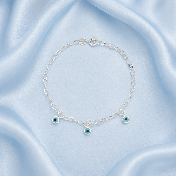 Pulseira Olho Grego em Prata 925 com 3 Penduricalhos