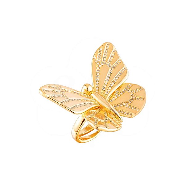 Anel ajustável Elaine Palma borboleta zircônia ouro semijoia