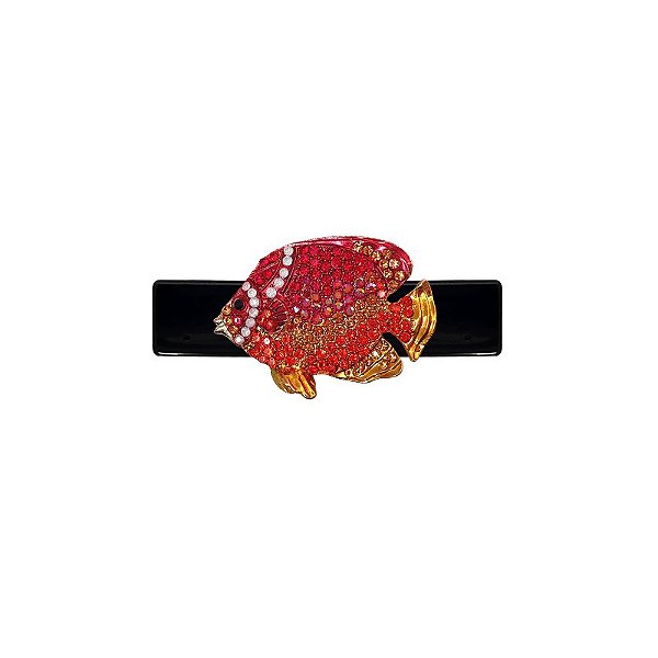 Presilha acetato preto com peixe cristais laranja