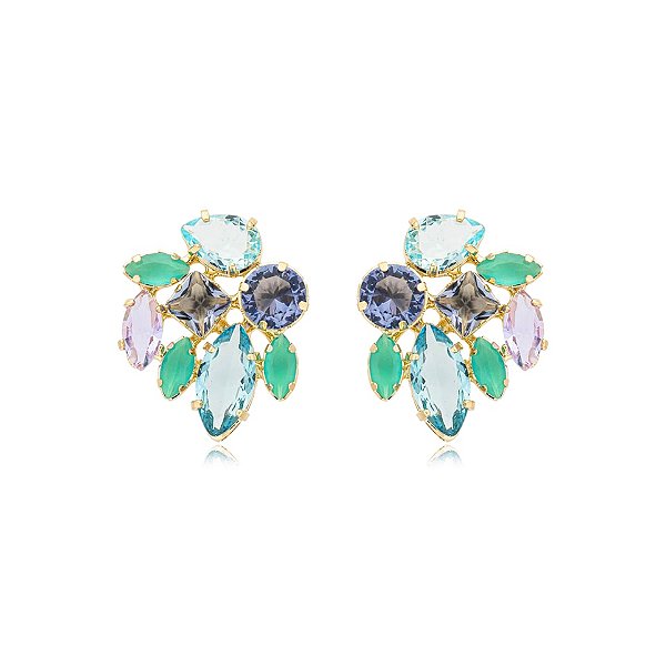 Brinco cristais coloridos ouro semijoia