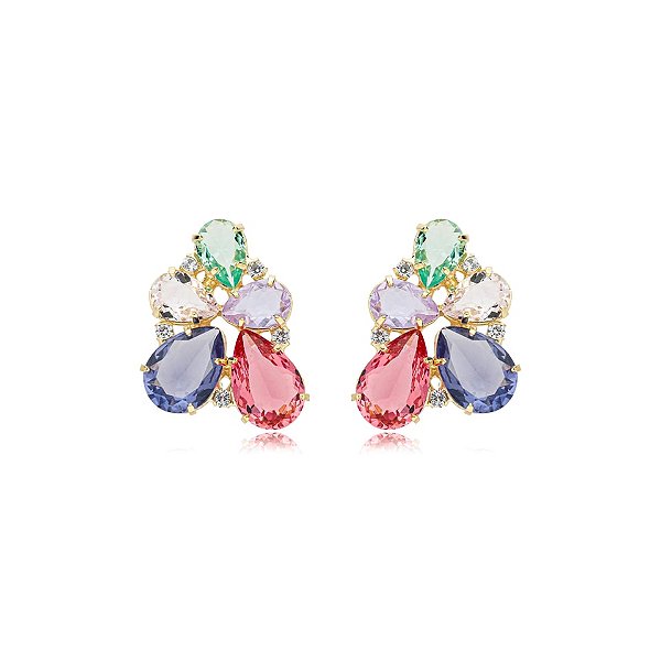 Brinco cristais coloridos ouro semijoia