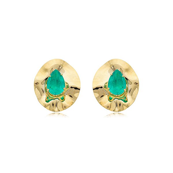 Brinco chapado cristal gota turmalina ouro semijoia