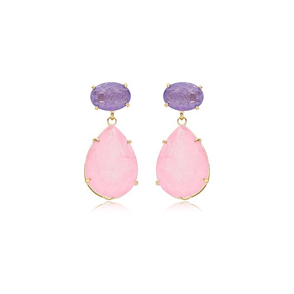 Brinco gota cristal fusion tanzanita e rosa ouro semijoia