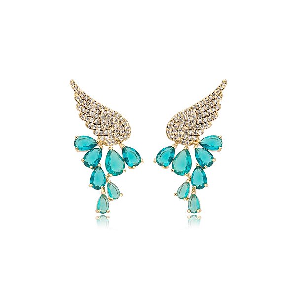 Brinco asas zircônia azul gota ouro semijoia E220603