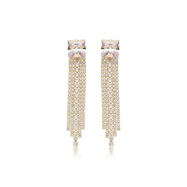 Brinco franja zircônia cristal ouro semijoia E220518