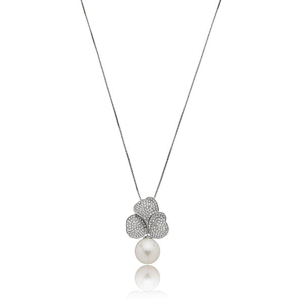 Colar flor pérola zircônia ródio semijoia XL-220514