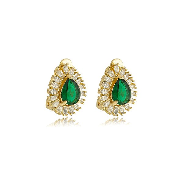Brinco pressão gota zircônia verde esmeralda ouro semijoia