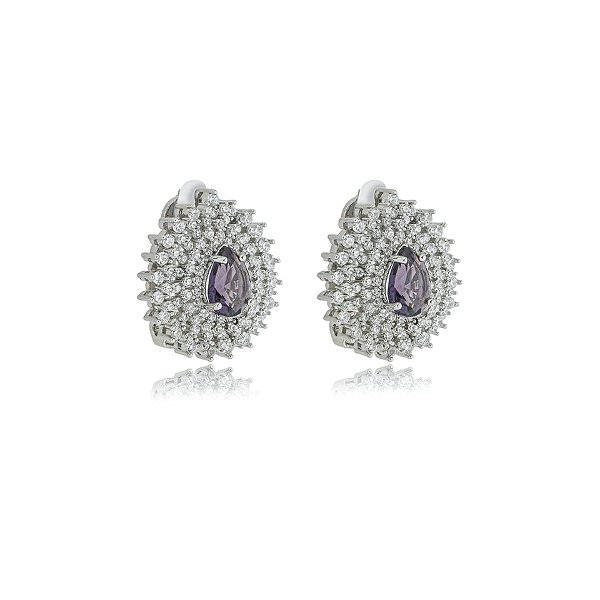 Brinco pressão gota zircônia roxo ródio semijoia