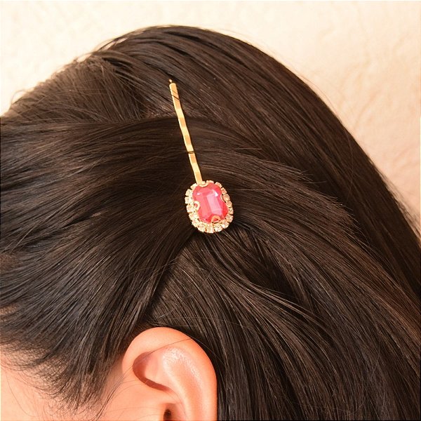 Grampo metal dourado cristais pink