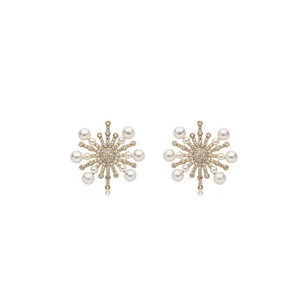 Brinco pérolas zircônias ouro semijoia TZ-220415