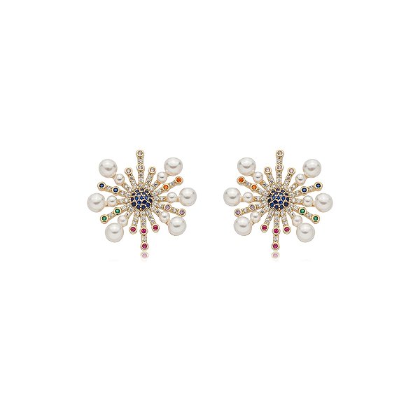 Brinco pérolas zircônias coloridas ouro semijoia TZ-220415