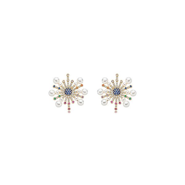 Brinco pérolas zircônias coloridas ouro semijoia TZ-220415