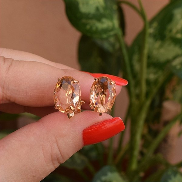 Brinco pressão oval cristal topázio ouro semijoia 4921005