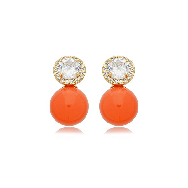 Brinco bola laranja zircônia cristal ouro semijoia BA4959