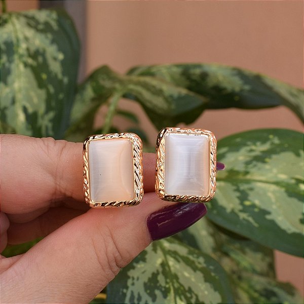 Brinco pressão retangular cristal olho de gato ouro semijoia