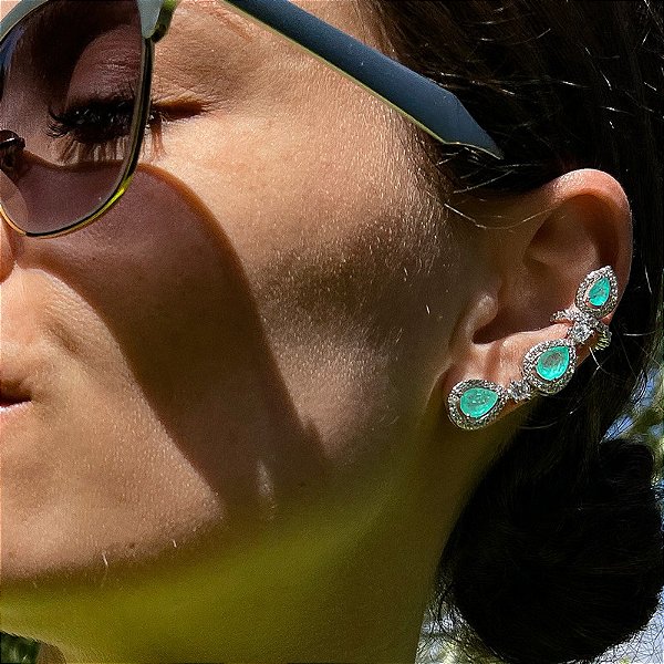 Brinco ear cuff gotas cristal fusion esmeralda colombiana ródio semijoia