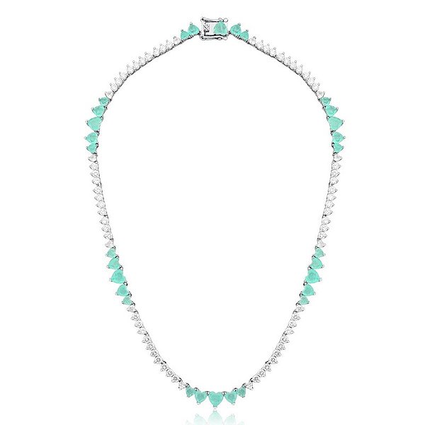 Colar curto zircônia coração cristal fusion esmeralda colombiana ródio semijoia