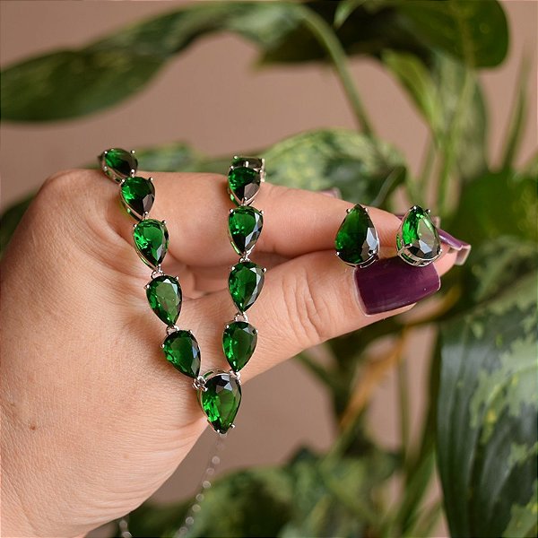 Colar e brinco gota cristal verde esmeralda ródio semijoia 23k02008