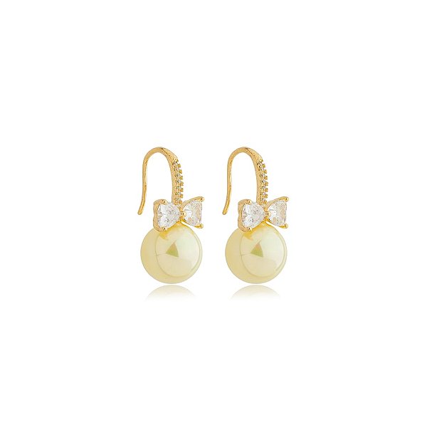 Brinco gancho laço pérola dourada zircônia ouro semijoia BA 4920