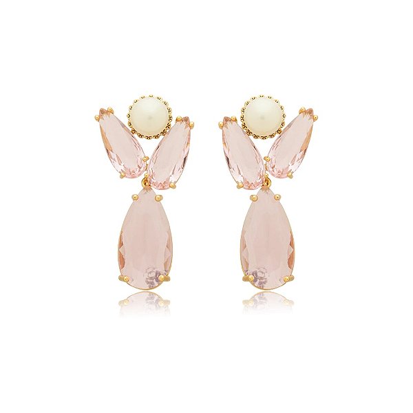 Brinco cristal rosa pérola ouro semijoia BA 5045