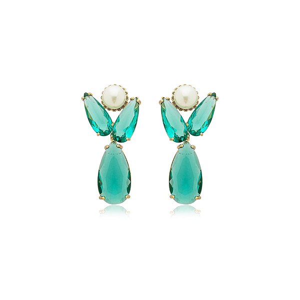 Brinco cristal verde pérola ouro semijoia BA 5045