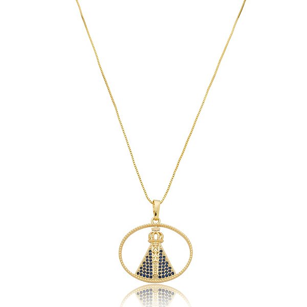 Colar Nossa Senhora Aparecida zircônia azul ouro semijoia XL 2202