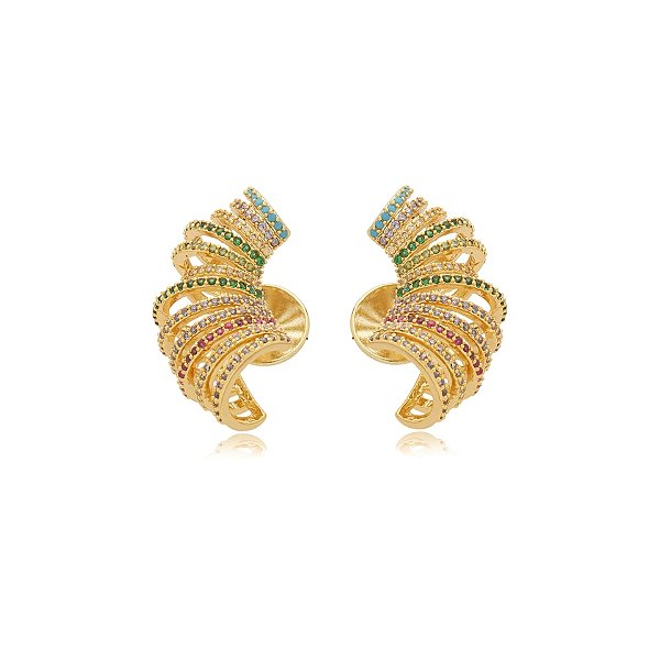 Brinco ear cuff aros  zircônias coloridas ouro semijoia BA 4934