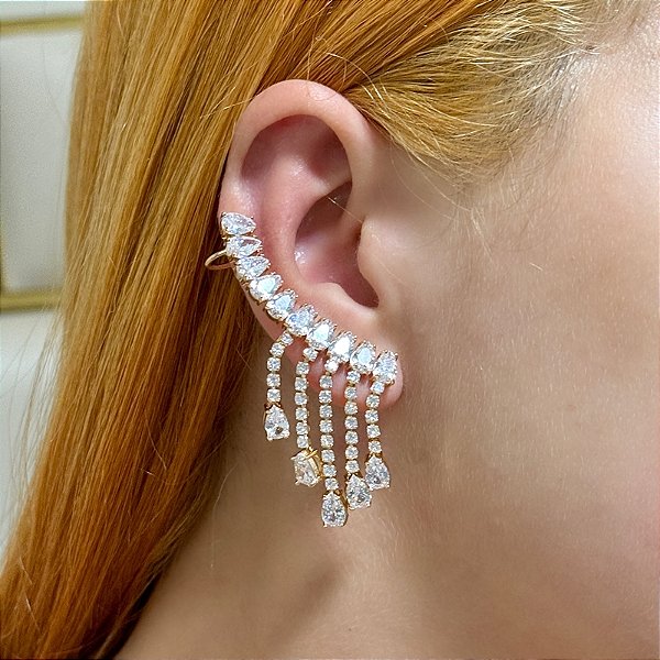 Brinco ear cuff gota franja zircônia ouro semijoia BA 5057