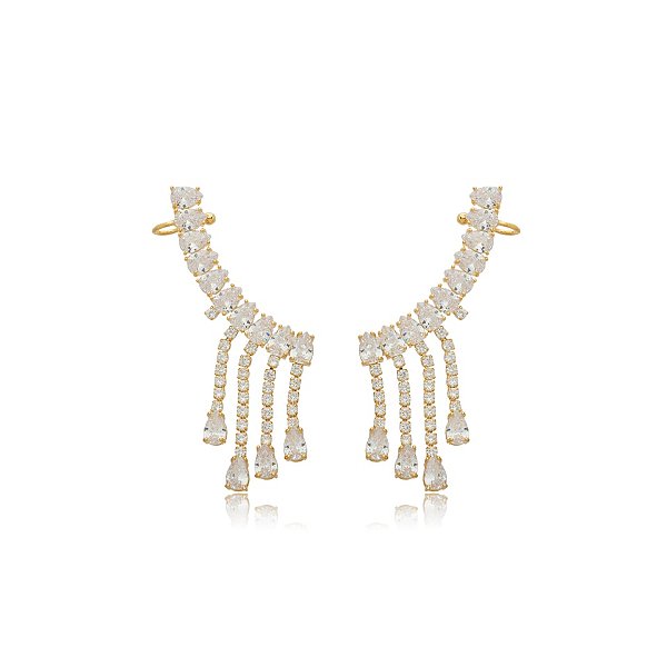 Brinco ear cuff gota franja zircônia ouro semijoia BA 5057