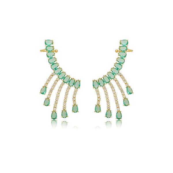 Brinco ear cuff gota franja zircônia verde ouro semijoia BA 5057