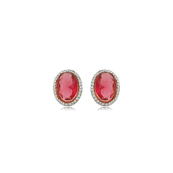 Brinco Nino Bran oval cristal rosa ouro semijoia