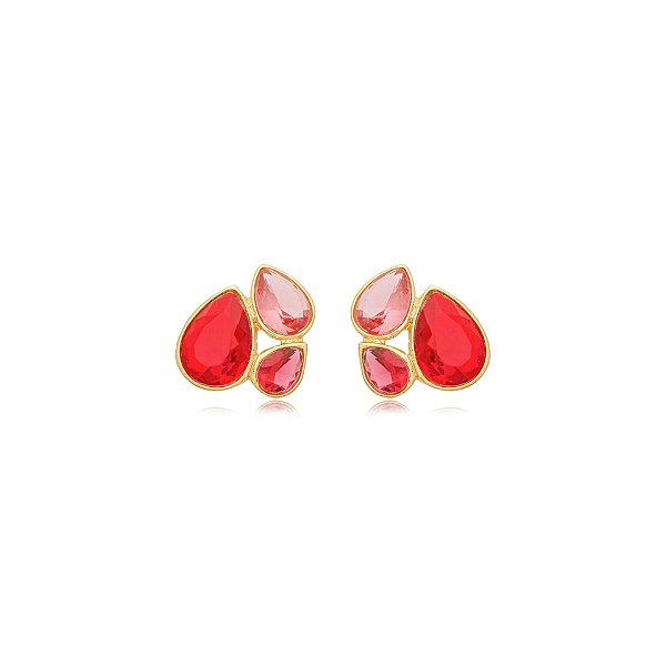 Brinco Nino Bran gotas cristais rosa ouro semijoia