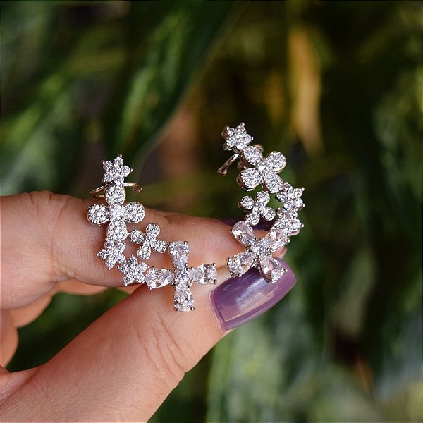 Brinco ear cuff flores zircônia ródio semijoia