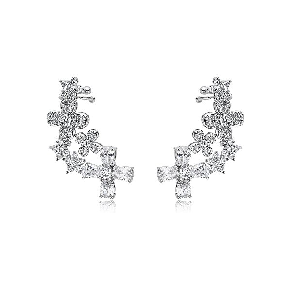 Brinco ear cuff flores zircônia ródio semijoia