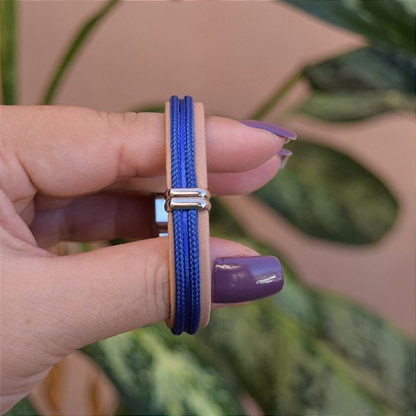 Bracelete Leka couro sintético fio de seda azul