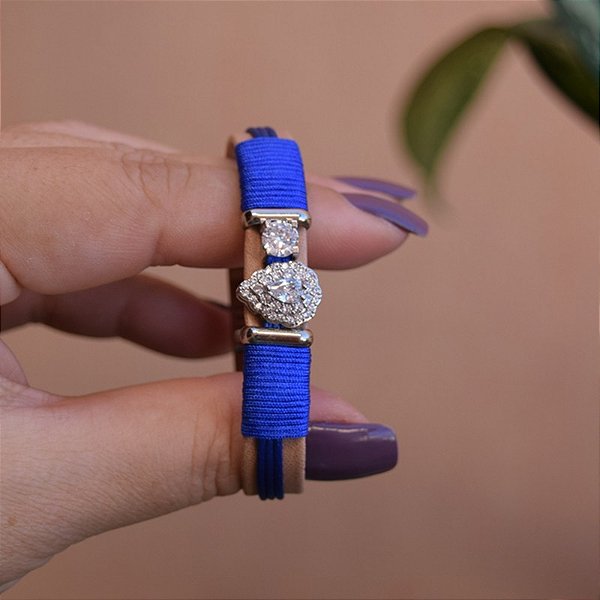 Bracelete Leka couro sintético zircônia fio de seda azul