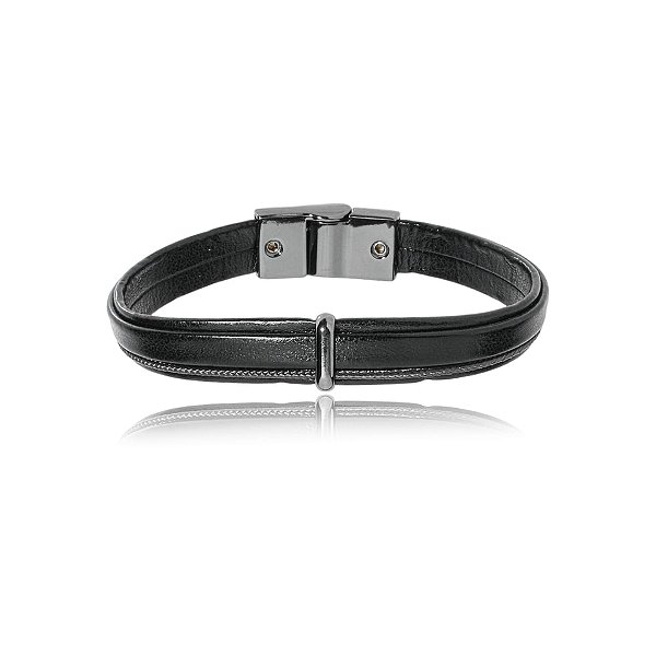 Pulseira masculina Leka couro sintético preto fio de seda verde