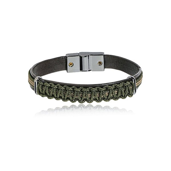 Pulseira masculina Leka couro sintético marrom e verde