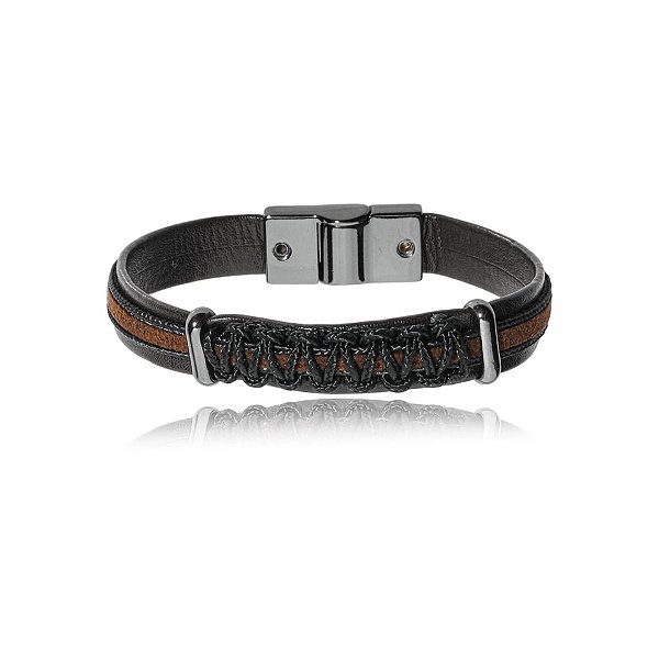 Pulseira masculina Leka couro sintético marrom e preto