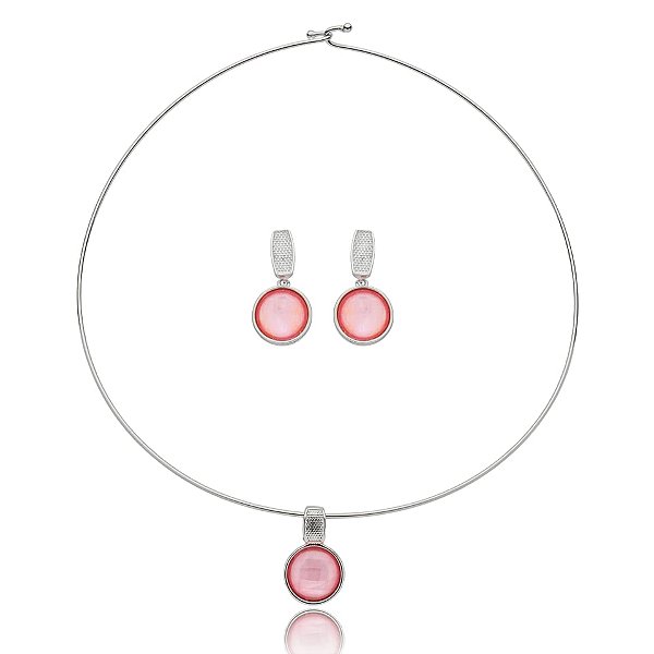 Colar e brinco pedra natural madrepérola rosa ródio semijoia